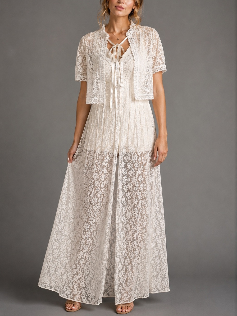 Vintage 1980s Donna Richard for Gilligan O'Malley 2-Piece Lace Peignoir Set